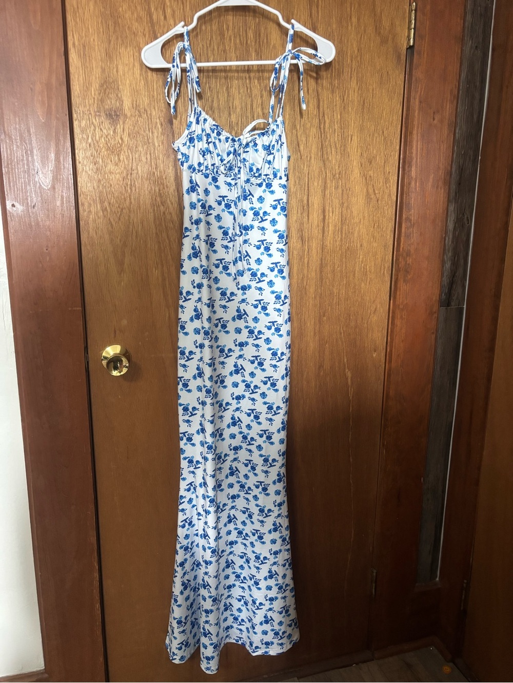 White Maxi Dress with Blue Floral Print